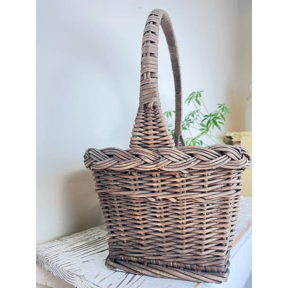 Vintage Rustic Mid Century Dark Brown Primitive Gathering Basket High Handle 18”